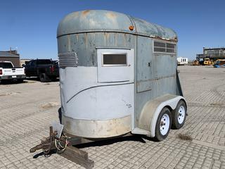 1973 Cimarron MFG T/A King 2-Horse Bumper Pull Trailer w/ Ramp And 2 Single Wheel Axles, 11ft 6in x 7ft 3in. S/N 6195 *Note: Roof Repaired, Dings And Dents, Missing Latch, Jack Not Working, 2in Ball*.  (HIGH RIVER YARD)