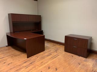 72in L-Shaped Desk c/w Overhead Cabinet And Lateral File Cabinet.  (HIGH RIVER YARD)