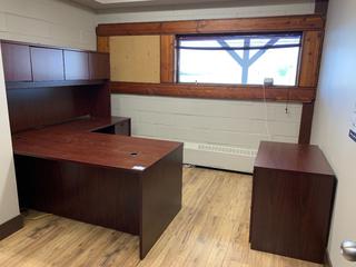 72in L-Shaped Desk c/w Overhead Cabinet And Lateral File Cabinet.  (HIGH RIVER YARD)