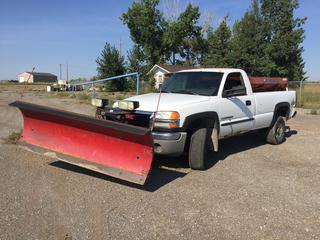 2006 GMC Sierra 4x4 2500HD Pickup c/w Plow/Sander, 6.0L Vortec Engine, Auto, Ice Breaker System, LT265/75R16 Tires, Showing 131,928kms, VIN 1GTHK24U26E220919 *Note: Starts And Runs, Engine Light On, Passenger Handle Missing, Rust And Dents*  (HIGH RIVER YARD)