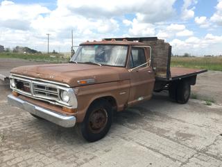 1972 Ford F350 Dually c/w 360 Gas Engine, 4-Speed, 12ft Flat Deck w/ Hydraulic Dump, PTO, VIN F37YCP62081, *Note: Parts Only, Running Condition Unknown*  (HIGH RIVER YARD)