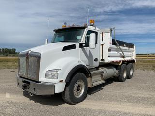 2016 Kenworth T880 T/A Dump Truck c/w Paccar MX-13 500hp Diesel, Eaton Fuller 18-Spd, Espar Heater, A/R Susp., 59,180lb GVWR, 15ft Renn Hardox Box, Electric Rollover Tarp, Groeneveld Auto Greaser, 385/65R22.5 Front And 11R24.5 Rear Tires. CVIP 06/2025, Showing 477,236kms, 11,473hrs. VIN 1NKZLP0X8GJ981492  (HIGH RIVER YARD) (EQUIPMENT FROM EID COUNTY)