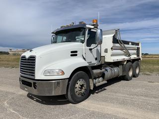 2014 Mack CXU613 T/A Dump Truck c/w Mack MP8-505C 505hp Diesel, 12 Speed Auto, A/R Susp., 27,489Kg GVWR, 15ft Renn Hardox Box, Electric Rollover Tarp, Groeneveld Auto Greaser, 315/80R22.5 Front And 11R24.5 Rear Tires. CVIP 06/2025, Showing 412,931kms, 11,537hrs VIN 1M2AW07C1EM038299  (HIGH RIVER YARD) (EQUIPMENT FROM EID COUNTY)