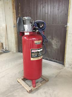 Coleman Model CL6506016 60-Gallon Air Compressor, 230V,15A, 60Hz, Single Phase, 145 PSI, 1-Stage, S/N Y28412211. *Note: Unknown Running Condition* PL#9015  (HIGH RIVER YARD)