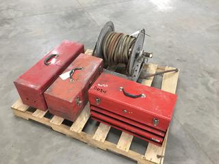 (3) Empty Tool Boxes And (1) Reel Hannay Reels Model 1520-17-16 c/w Garden Hose, S/N 1Z00813 PL#9040  (HIGH RIVER YARD)