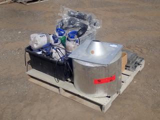 Quantity of Assorted Supplies c/w Downspout Elbows, Vents, Gas Vents and Powerfist 1 Gallon Sprayers  (HIGH RIVER YARD)