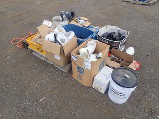 Quantity of Assorted Supplies c/w Assorted 3in and 4in PVC Fittings, 2in Balls Valve Imax Coupler 4in, 2in Joiners, 7/16in Sheathing Clips, Flushmount Clips, 8in Sewer Plug, Etc  (HIGH RIVER YARD)