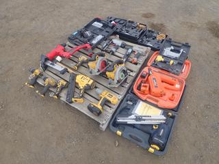 Quantity of Assorted Power Tools c/w DeWalt 20V/18V Drills, Finish Nailer, Circular Saws (No Batteries), Mastercraft Air Nailer, Paslode Air Nailer, Prime Air Nailer, Hand Nailers and Worksite Floor Cleat Nailer/Stapler  (HIGH RIVER YARD)