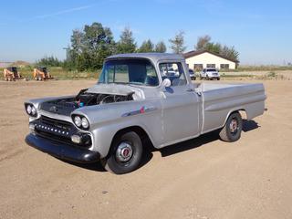 1959 Chevrolet Apache Model 3204 Pickup c/w Model C317400 6-Cyl Gas Engine, 3-Spd Manual, P225/70R15 Front And LT235/75R15 Rear Tires. Showing 73,750 Miles. SN 83204606610 *Note: No Hood, No Active VIN* (FORT SASKATCHEWAN YARD)