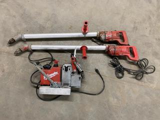 Assorted Milwaukee Hand Tools c/w HD 1/2in Drill 120V 7.0A, HD 1/2in Drill 120V 6.2A, Steel Hawg 120V 11.5A (S/N 751-3092) and (4) Steel Hawg Magnetic Roto Broaches (HIGH RIVER YARD)