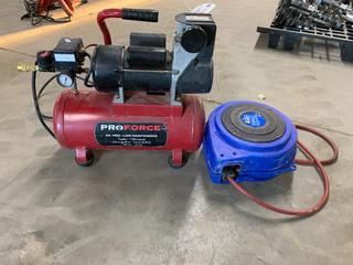 Proforce 3-Gallon Air Compressor 120V c/w Powerfist Air Hose Reel and 50ft x 1/4in Hose (HIGH RIVER YARD)