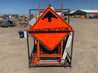 Quantity of Assorted Construction Signs, Bases and Custom Carrier with Hook and Fork Pockets (HIGH RIVER YARD)