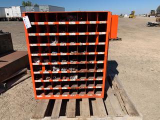 (2) 72-Compartment Bolt Bins with Assorted New Hydraulic Fittings, 35in L x 42in H x 12in W PL#5242 (HIGH RIVER YARD)