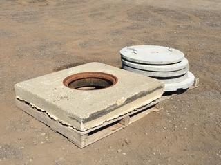 (6) Concrete Lids, 34in-40in Diameter and (1) Concrete Base, 46in x 48in x 8in (HIGH RIVER YARD)