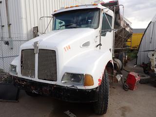 1999 Kenworth T300 T/A Cab And Chassis c/w CAT 3126 Diesel, Manual, 24,152kg GVWR, 176in WB And 11R22.5 Tires. Showing 739,884kms. *Note: Rock Spreader Not Included, Starts But Don't Drive As Per Consignor, Cab Damaged, Unable To Verify VIN, Located Offsite For More Info Contact Shazeeda @ 780-721-4178* (12125 145st NW, Edmonton)