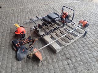 Stihl BT 120C Gas Auger with 31cc Engine and Stihl FS240 Trimmer, Face Shield, Helmet, Etc (HIGH RIVER YARD)