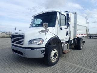 2014 Freightliner S/A Side Dump Refuse Truck c/w Cummins ISB 6.7L 260hp Diesel, 4-Spd Auto, AC, Right or Lefthand Drive, Backup Camera, 10ft Haul-All M-1600R Dump Box, Pressure Washer w/Hose, 152 WB, 23,000lbs GVWR, 8,000lbs GAWR Front, 15,000lbs GAWR Rear, 245/70R19.5 Tires, Showing 122,817kms, 9,093hrs, VIN 1FVACWDT1EHFV3694 *Note: CVIP 04/2025, Cracked Windshield* (HIGH RIVER YARD)