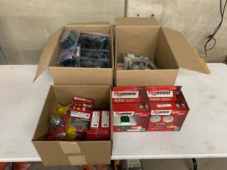 Box of Assorted Welding Supplies c/w Goggles, Cutting/Sanding Discs, Magnetic Holder, Oxy Fuel Regulators, Cutting Attachments, Heating Nozzle,  Ground Clamp, Welding Wire,  Propane and Assorted Tips, Etc  (HIGH RIVER YARD)