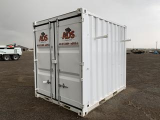 10ft Storage Container c/w Power, Lighting, Custom Built Workstation w/6in Vice and Shelving  (HIGH RIVER YARD)