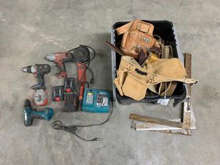 (1) Makita 3/8in Drill with Charger, No Battery, (1) Bosch Drill, No Battery, (1) Milwaukee 1/2in Air Impact, No Battery, and Assorted Kunys Carpenter Bags and Squares (HIGH RIVER YARD)