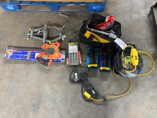 Quantity of Assorted Supplies c/w (1) Aluminum Pipe Alignment Clamp, (1) Luma Pro 50ft Tri Tap Cord Reel, Battery Tester, Measure Tape, Sockets, Hand Tools, Pipe Wrenches, Crescent Wrenches, Etc PL#5714 (HIGH RIVER YARD)