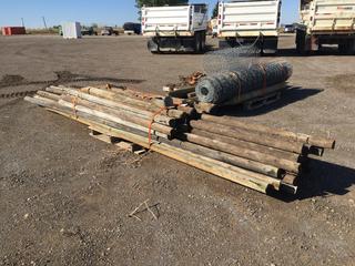 (2) Pallets of Wooden Fence Posts, Approximately 6ft - 18ft Lengths and 3in - 5-1/2in Thickness c/w Wire Chicken Fencing PL#5833 (HIGH RIVER YARD)