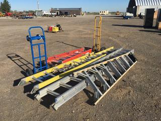 (2) Featherlite 6ft Ladders, 8-1/2ft Ladder, 16ft Ladder, 24ft Ladder and (2) Dolly's (HIGH RIVER YARD)