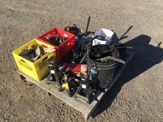 Pallet of Assorted Supplies c/w (3) 3-Ton Jack Stands, Torrin Jack, Fire Extinguisher, Tire Chains, Chains and Ratchet Straps (HIGH RIVER YARD)