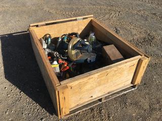 Crate of Assorted Hand Tools, Power Tools, Strip Nails, Tape Measures, Levels, Circular Saws, Mitre Saw, Chain Saw, Etc (HIGH RIVER YARD)