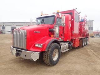 2014 Kenworth T800 Tridem Truck Mounted Fluid Pumping Unit c/w Cummins ISX 15L 550hp Diesel, Allison 7-Spd A/T, Webasto Preheat, Namco 436-A Split Shaft PTO, 2 1/2ft Sleeper, 2014 Al Fabrication 11,145L Cryogenic Tank, 39,645kg GVWR, 8800kg Fronts, 10,281kg Rears, 326in WB, 445/65R22.5 Front And 11R24.5 Rear Tires. CVIP 04/2025. Showing 13,848hrs, 140,932kms. VIN 1NKDX4TX1EJ969240 