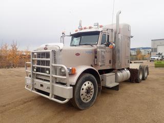 2007 Peterbilt 379 T/A Sleeper Truck Tractor c/w Cummins ISX 475 15L Diesel, 18-Spd Eaton Fuller, Webasto Preheat, 3 1/2ft Sleeper, Aluminum Storage Box, 57,220lb GVWR, 13,220lb Fronts, 22,000lb Rears, 244in WB And 11R24.5 Tires. CVIP 07/2025. Showing 11,604hrs, 468,495kms. VIN 1XP5D40X57D656498