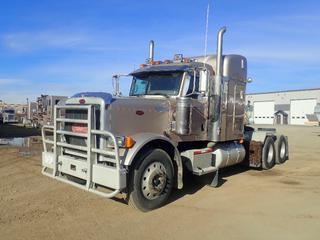 2007 Peterbilt Conventional 379 T/A Sleeper Truck Tractor c/w Cummins ISX 500 15L Diesel, 18-Spd Eaton Fuller, Webasto Preheat, 3 1/2ft Sleeper, Aluminum Storage Box, 57,220lb GVWR, 13,220lb Fronts, 22,000lb Rears, 244in WB And 11R24.5 Tires. CVIP 07/2025. Showing 1065hrs, 782,784kms. VIN 1XP5D40XX7D656500