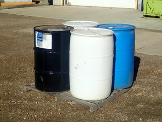 Qty Of (3) 45-Gal Plastic Barrels And (1) 45-Gal Steel Barrel