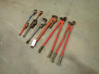 Ridgid 36in, 12in And 10in Steel Pipe Wrenches c/w Ridgid 24in, 18in And 14in Aluminum Pipe Wrenches And (2) Chain Pliers