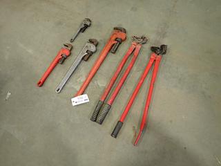 (1) 36in and (1) 18in Steel Pipe Wrenches c/w (1) 24in And (1) 12in Aluminum Pipe Wrenches And (2) Chain Pliers