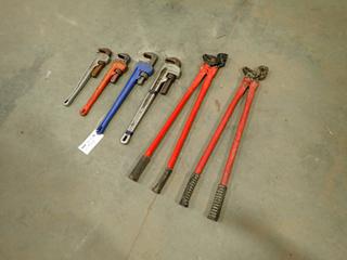 (1) 24in And (1) 18in Steel Pipe Wrenches c/w (1) 24in And (1) 18in Aluminum Pipe Wrenches And (2) Chain Pliers