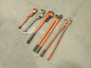 (1) 36in And (1) 24in Steel Pipe Wrenches c/w (1) 24in Aluminum Pipe Wrench And (2) Chain Pliers