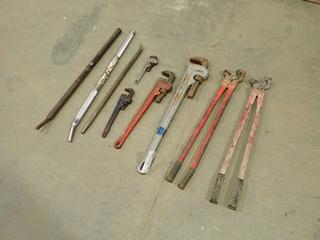 Ridgid 10in And 36in Aluminum Pipe Wrenches c/w Ridgid 24in Steel Pipe Wrench, (2) Chain Pliers, Pry Bar And (2) Winch Bars