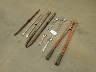 Qty Of 10in, 12in, 15in And 18in Adjustable Wrenches c/w Bolt Cutters, Winch Bars And Pry Bars