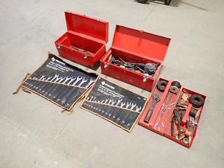 (2) Toolboxes c/w Tie Wire, Allen Keys, Pliers, Screwdrivers, Scrapers, Adjustable Wrench And (2) Wrench Sets