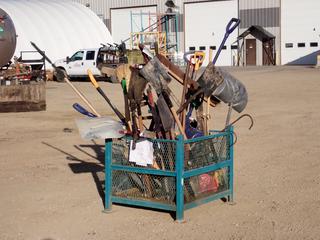 Qty Of Assorted Shovels, Brooms, Pry Bar, Snow Brush And Assorted Hand Tools c/w Crate