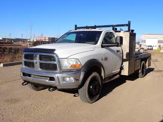 2011 Ram 5500 4X4 Dually Flat Deck Truck c/w Cummins 6.7L Diesel, A/T, 11ft X 8ft Deck w/ Hidden Fifth Wheel Hitch, Storage Cabinets And 225/70R19.5 Tires. Showing 7631hrs, 253,484kms. VIN 3D6WU7EL0BG598755 *Note: Engine Light On, Windshield Cracked*