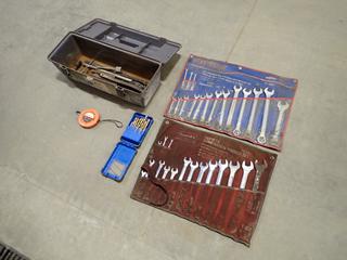 Toolbox c/w Drill Bits, Measuring Tape, Steel Brush And (2) Assorted 1/4in - 1 1/4in Standard Wrench Sets