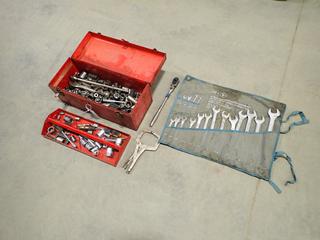 Toolbox c/w 1/4in - 1 1/16in Sockets, Steel Brush, 1/2in Ratchet, Vise Grip And Assorted 1/4in - 1 1/4in Standard Wrench Set