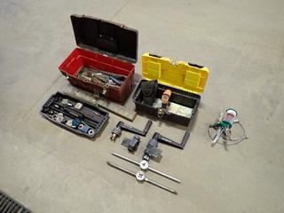 (2) Toolboxes c/w Tap And Die Bits, Water Seperator, Ultra Pro Laser, Maximator Handles And Assorted Supplies