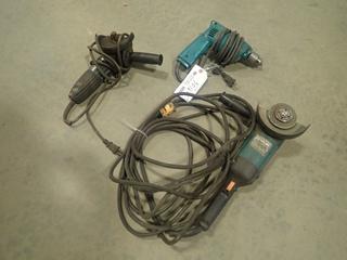 Makita 6510LVR 3/8in 120V Drill, Makita 4 1/2in Angle Grinder And Makita 5in Angle Grinder