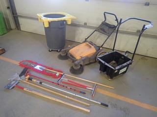 Floor Sweeper, Rubbermaid Garbage Can, Rim Caddy, Mop, Broom, Kaivac Trolley Bucket, Broom And Assorted Supplies