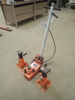 (2) Strongarm 22-Ton Jack Stands c/w Strongarm 20-Ton Air/Hydraulic Truck Jack