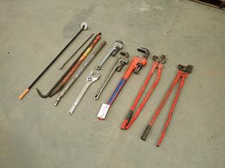 Ridgid 18in And 24in Aluminum Pipe Wrenches c/w Ridgid 36in Pipe Wrench, (2) Pry Bars, (2) Winch Bars, (2) Chain Pliers And 18in Adjustable Wrench  