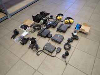 Qty Of (5) 2-Way Motorola Radios, (3) Headphone Sets, (3) Radio Brackets, (5) Mics w/ Wire Cable And (1) Antenna** *Note: Working Condition Unknown*